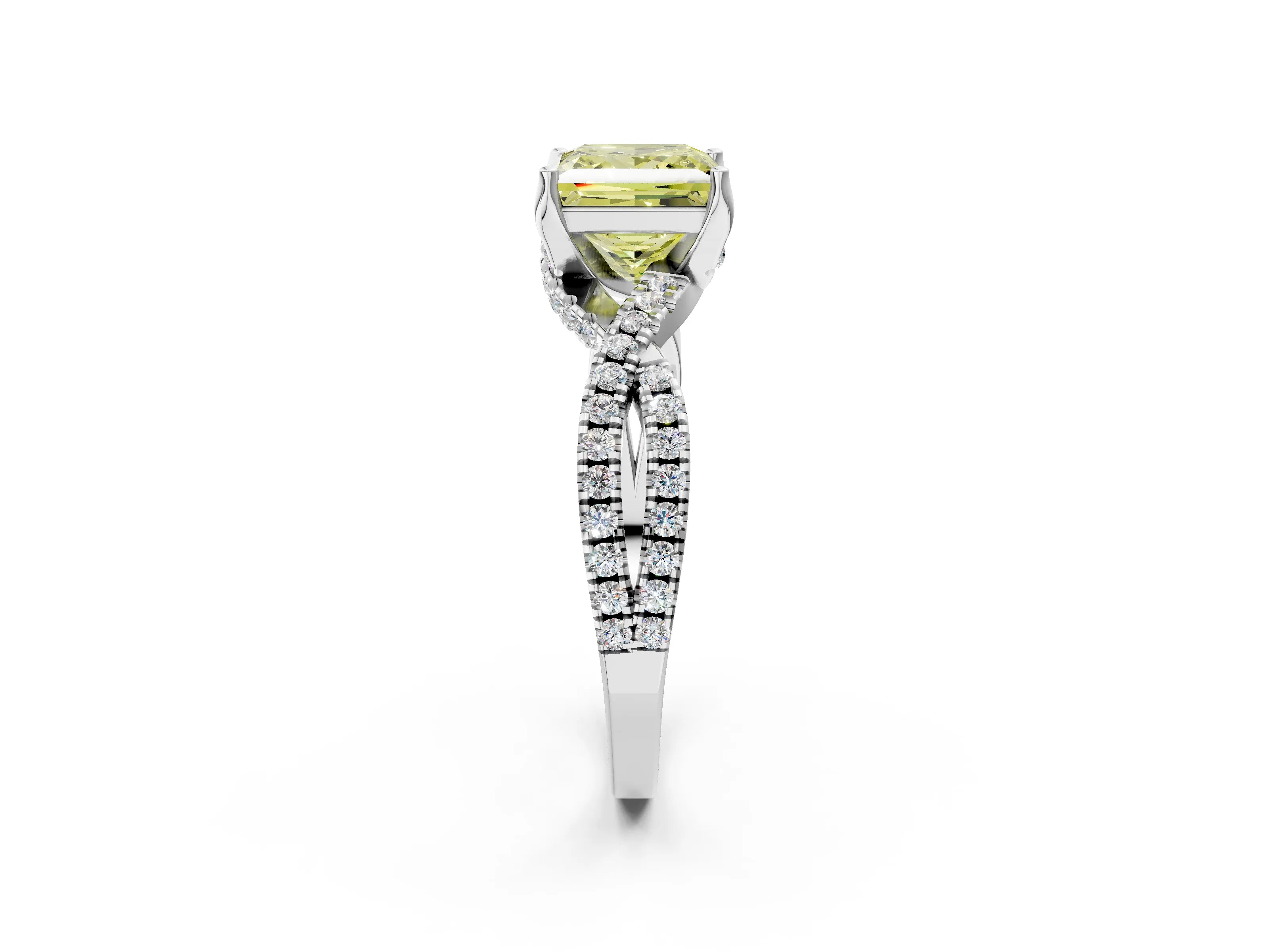White gold Fancy Yellow Princess Cut Solitaire Twist Pave Diamond Engagement Ring with Prong Setting_2