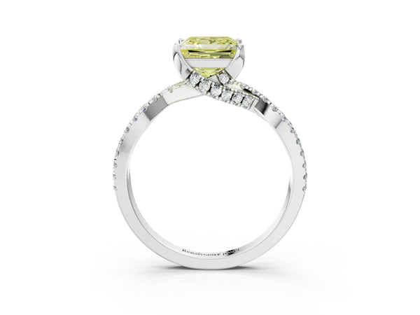Platinum Fancy Yellow Princess Cut Solitaire Twist Pave Diamond Engagement Ring with Prong Setting