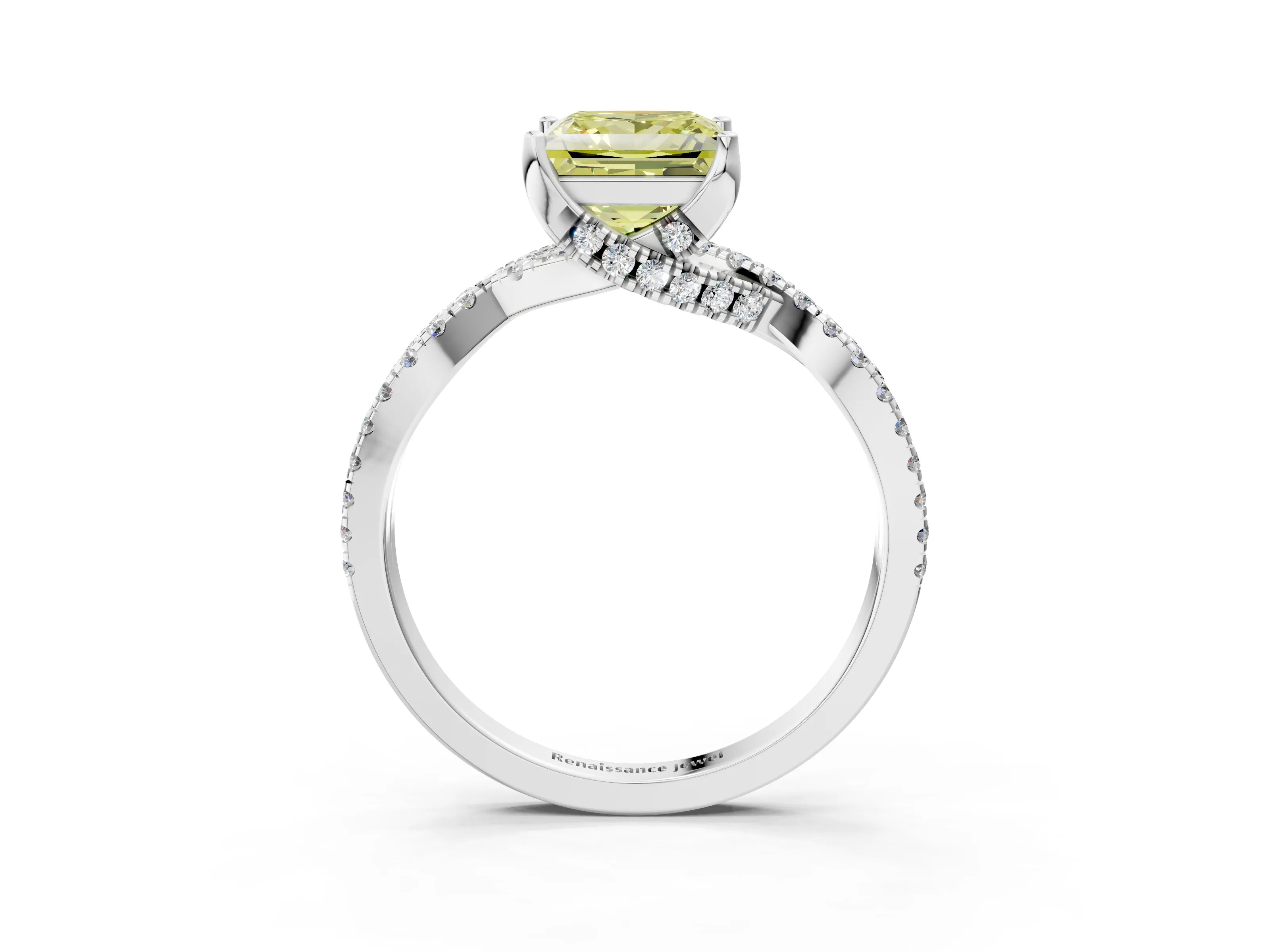 White gold Fancy Yellow Princess Cut Solitaire Twist Pave Diamond Engagement Ring with Prong Setting_3