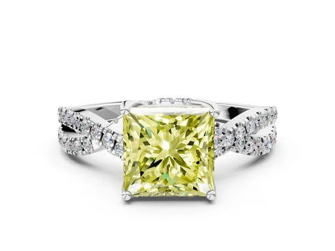 White gold Fancy Yellow Princess Cut Solitaire Twist Pave Diamond Engagement Ring with Prong Setting