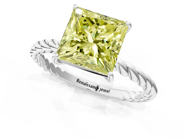 White gold Fancy Yellow Princess Cut Solitaire Twisted Band 4-Prong Ring