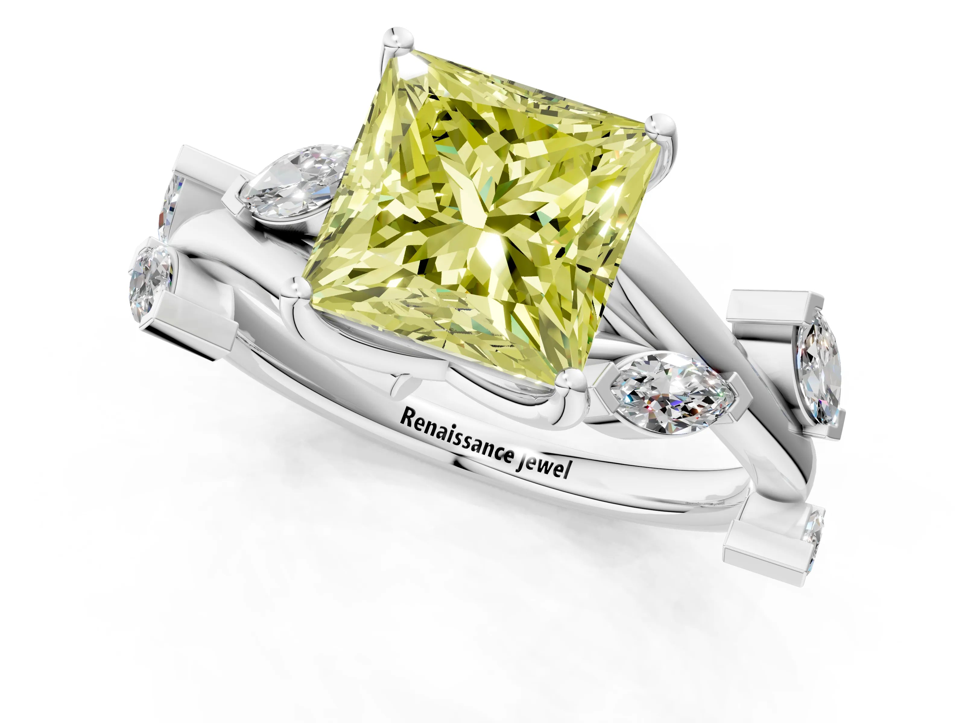 White gold Fancy Yellow Princess Cut Solitaire Twisted Band Marquise Accent Prong Setting Ring_1