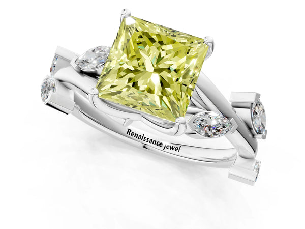 White gold Fancy Yellow Princess Cut Solitaire Twisted Band Marquise Accent Prong Setting Ring