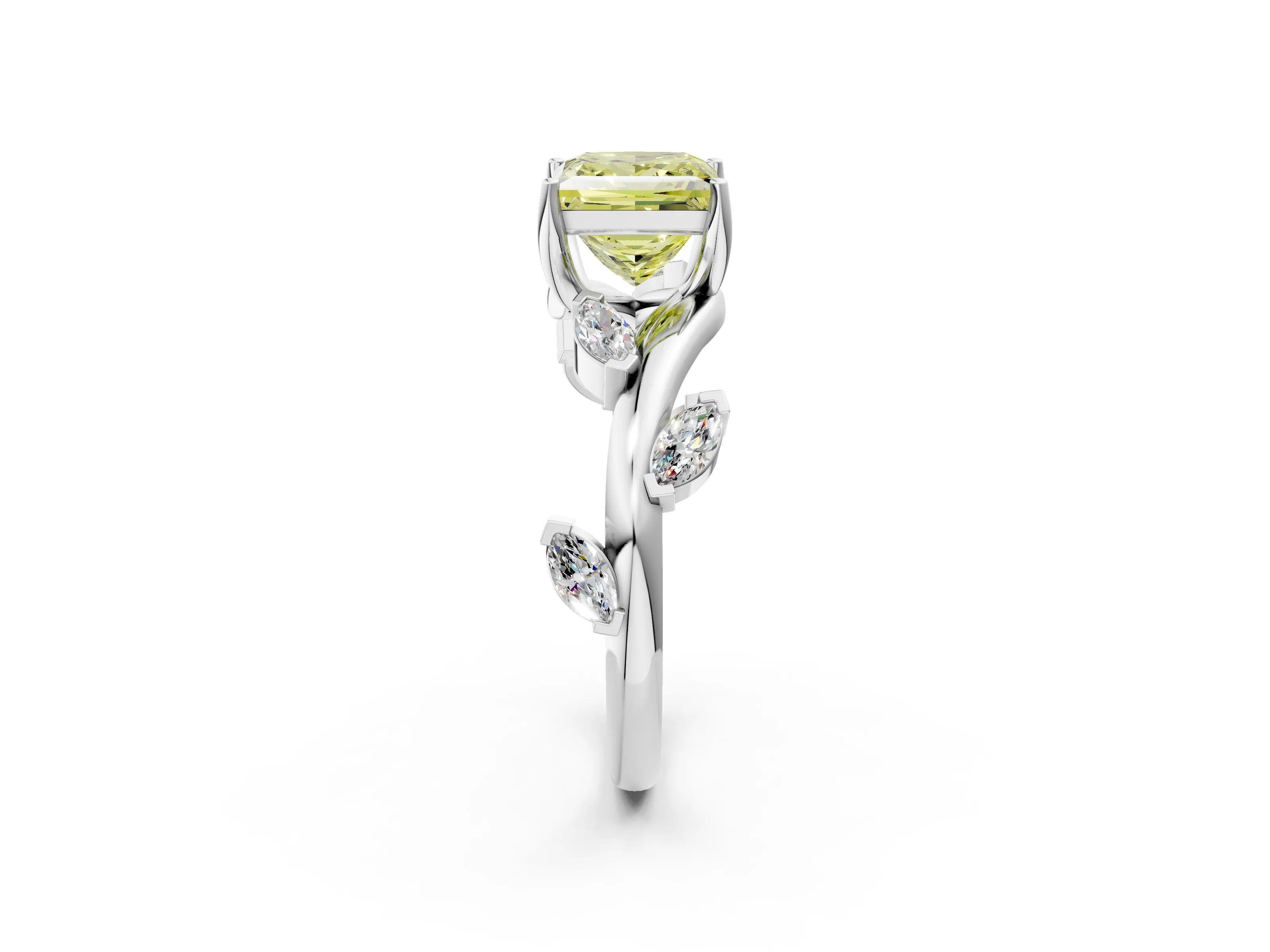 White gold Fancy Yellow Princess Cut Solitaire Twisted Band Marquise Accent Prong Setting Ring_2