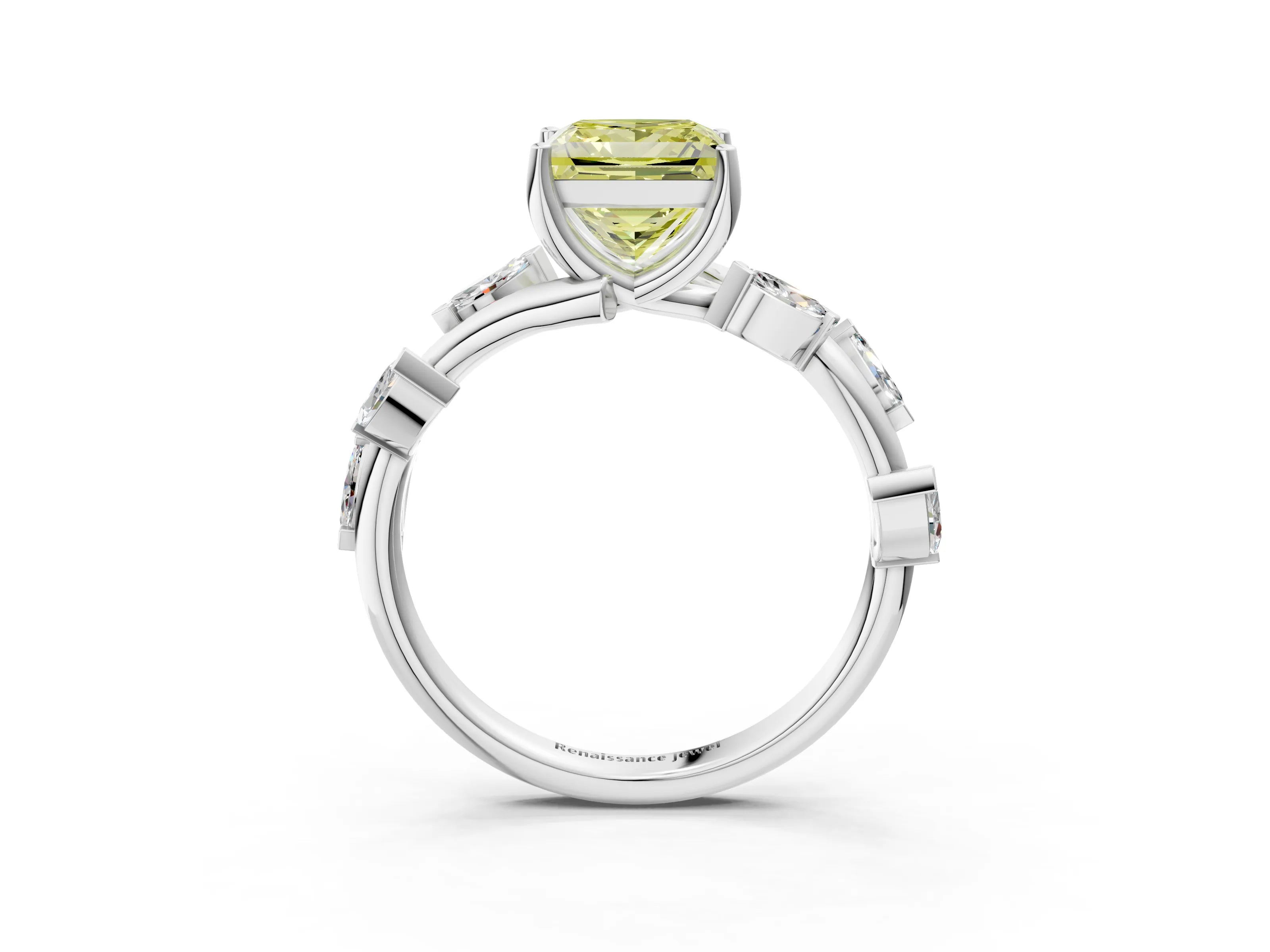 White gold Fancy Yellow Princess Cut Solitaire Twisted Band Marquise Accent Prong Setting Ring_3