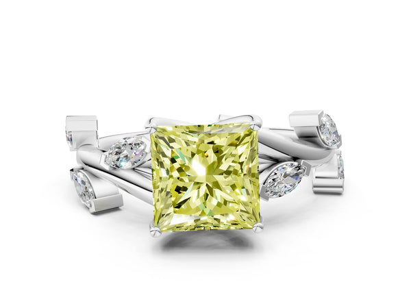 White gold Fancy Yellow Princess Cut Solitaire Twisted Band Marquise Accent Prong Setting Ring