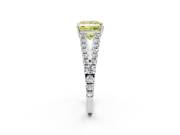 White gold Fancy Yellow Princess  Cut Split Shank Pave Diamond Engagement Ring with Four-Prong Setting