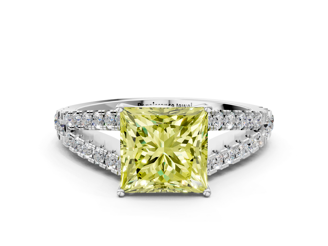 White gold Fancy Yellow Princess  Cut Split Shank Pave Diamond Engagement Ring with Four-Prong Setting