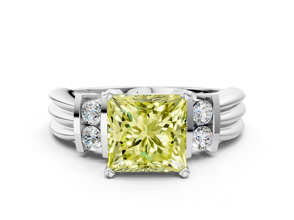 White gold Fancy Yellow Princess  Cut Three-Stone Channel Set Ring with Bar Prongs