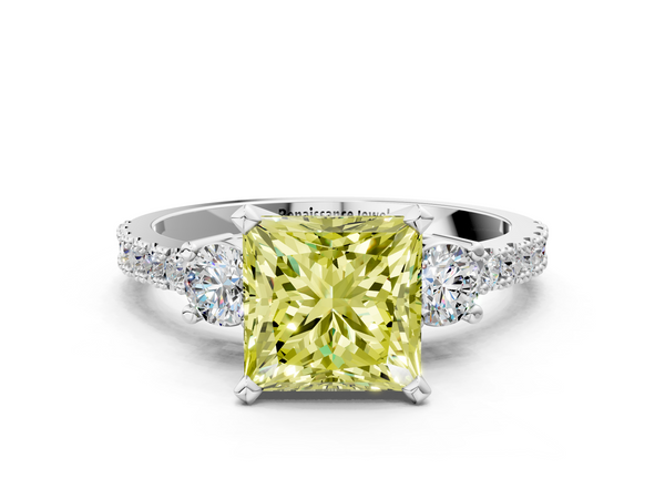 Platinum Fancy Yellow Princess  Cut Three-Stone Diamond Pavé Band with Prong Setting