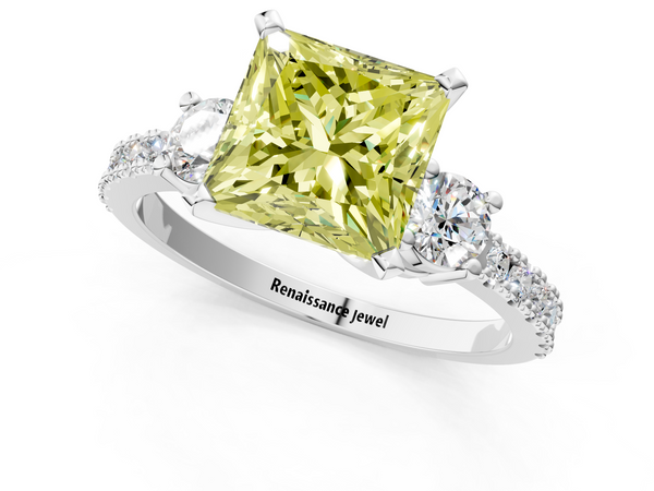 Platinum Fancy Yellow Princess  Cut Three-Stone Diamond Pavé Band with Prong Setting