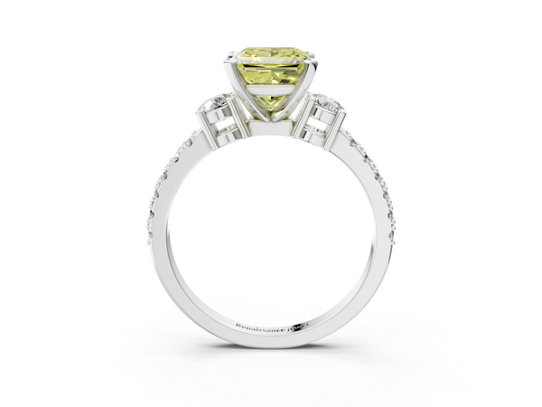 Platinum Fancy Yellow Princess  Cut Three-Stone Diamond Pavé Band with Prong Setting