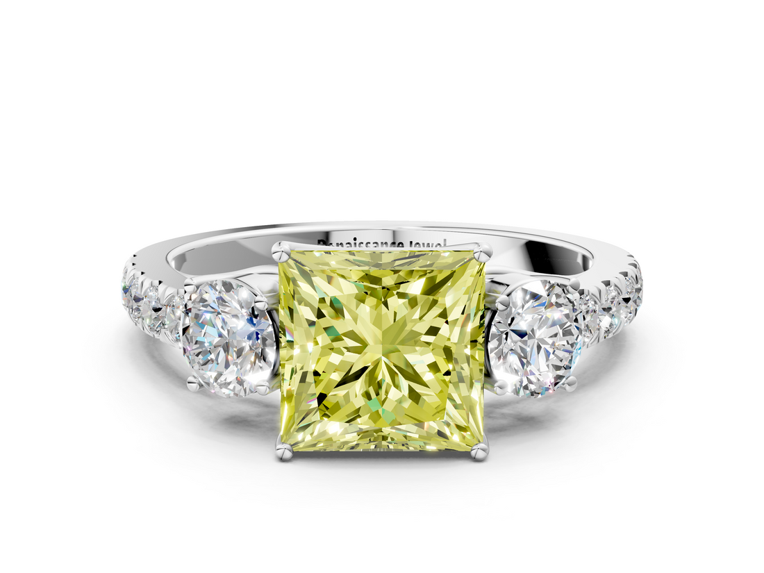 White gold Fancy Yellow Princess  Cut Three-Stone Diamond Pave Band with Prong Setting_16