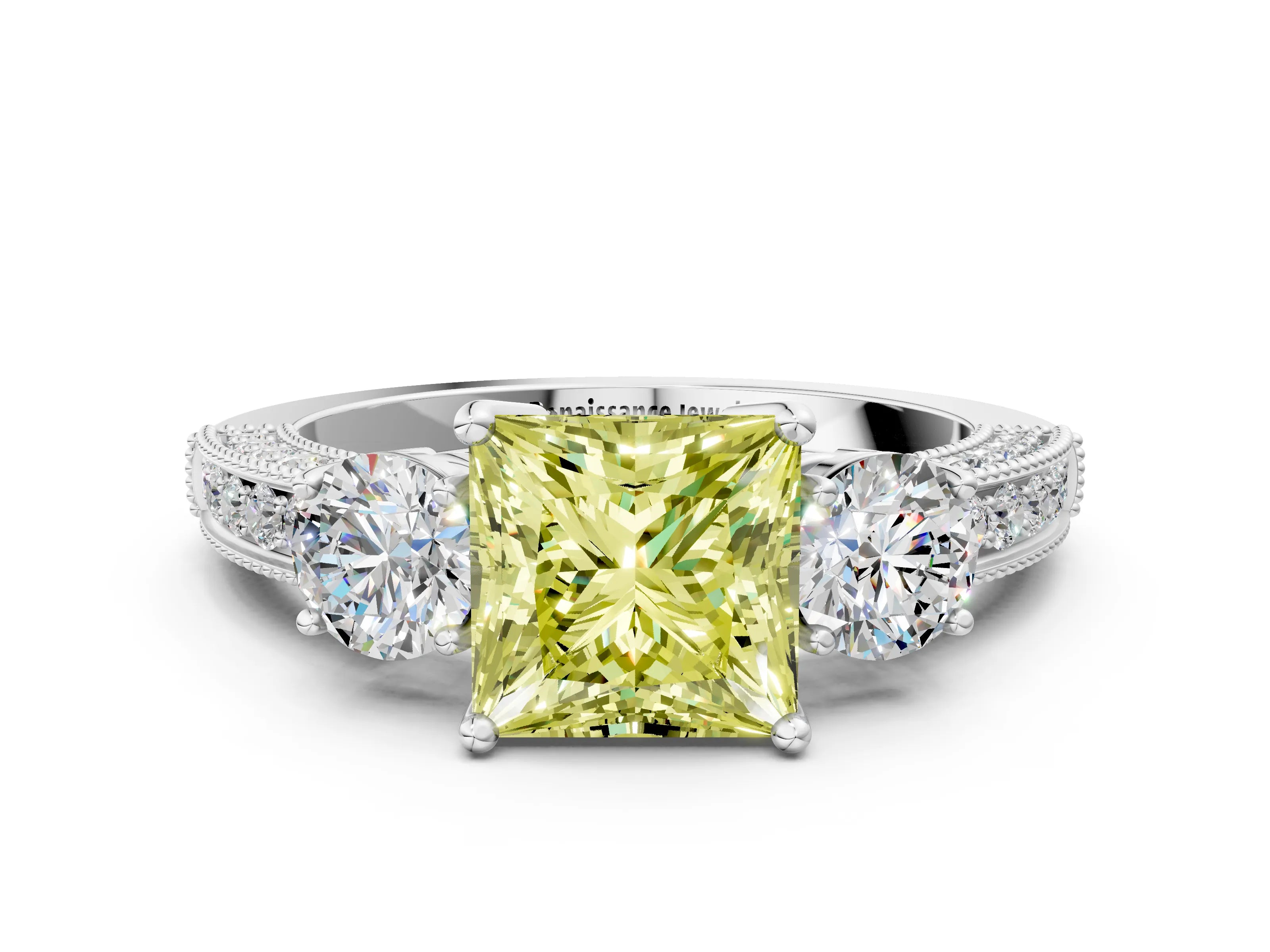 White gold Fancy Yellow Princess Cut Three-Stone Diamond Ring with Pavé Band and Four-Prong Setting_12