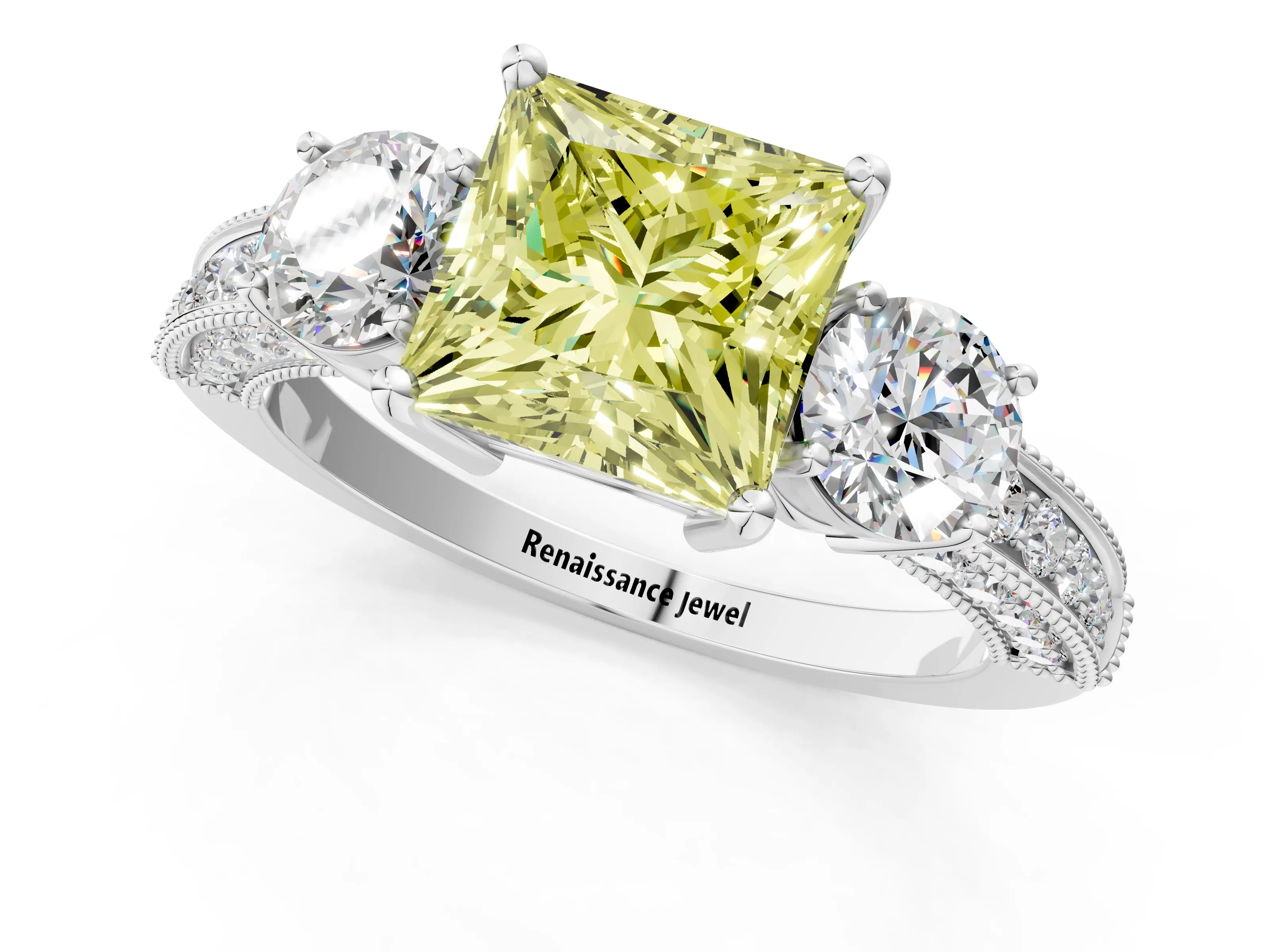 White gold Fancy Yellow Princess Cut Three-Stone Diamond Ring with Pavé Band and Four-Prong Setting_13
