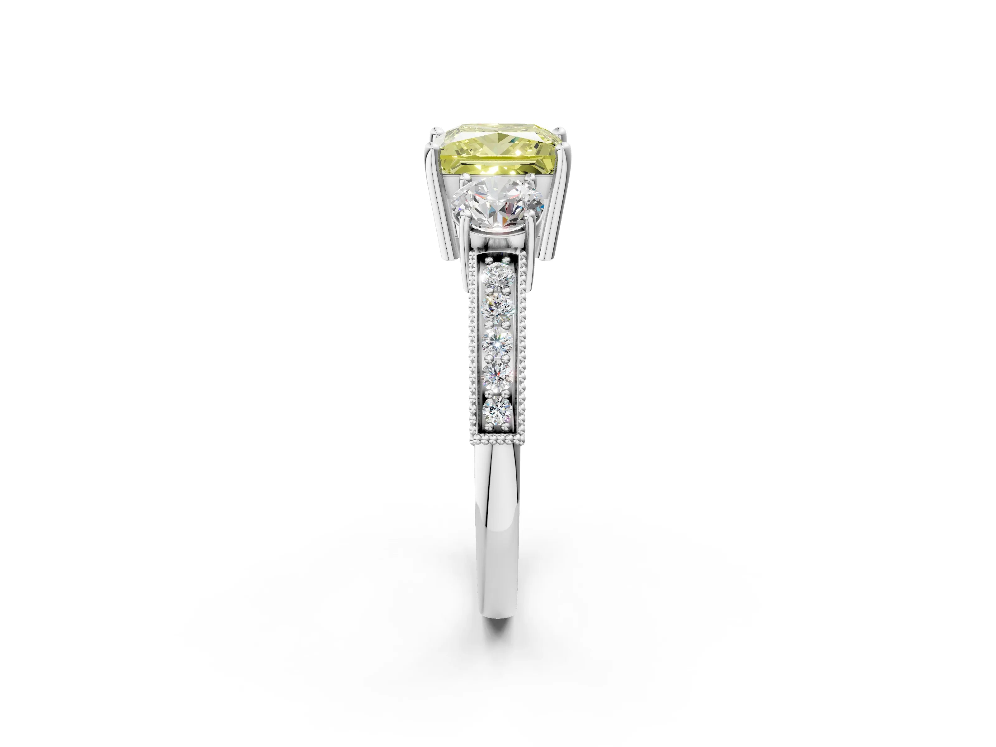 White gold Fancy Yellow Princess Cut Three-Stone Diamond Ring with Pavé Band and Four-Prong Setting_14