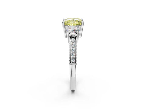 White gold Fancy Yellow Princess Cut Three-Stone Diamond Ring with Pavé Band and Four-Prong Setting_14