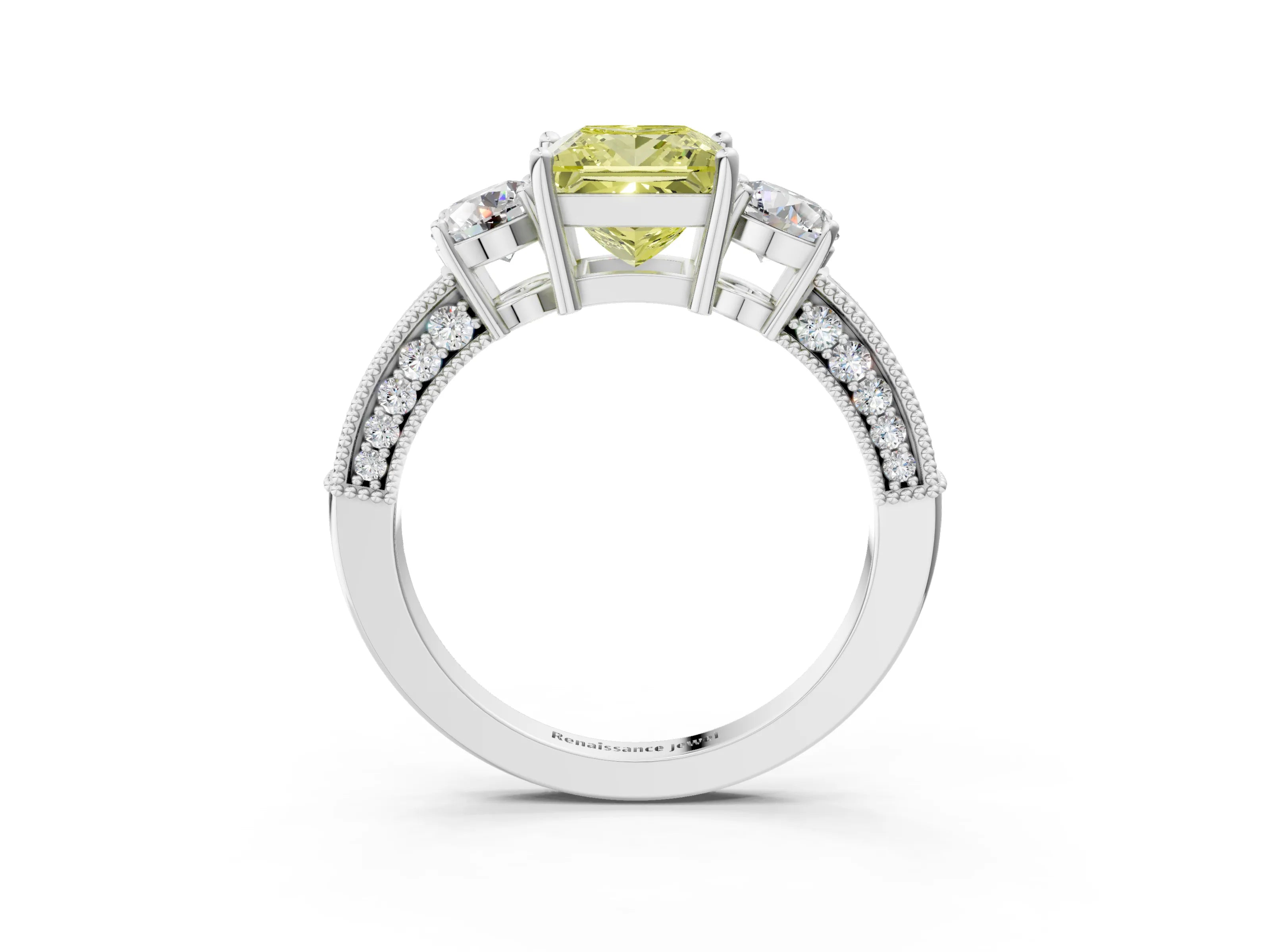 White gold Fancy Yellow Princess Cut Three-Stone Diamond Ring with Pavé Band and Four-Prong Setting_15