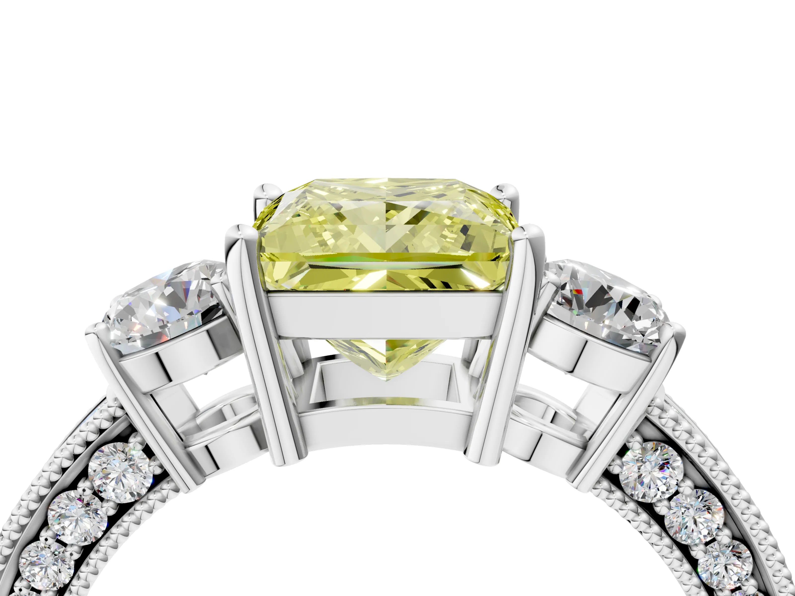 White gold Fancy Yellow Princess Cut Three-Stone Diamond Ring with Pavé Band and Four-Prong Setting_16