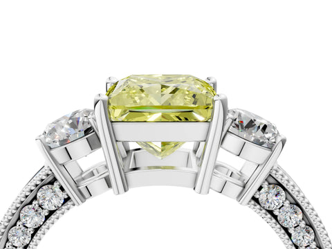 White gold Fancy Yellow Princess Cut Three-Stone Diamond Ring with Pavé Band and Four-Prong Setting_16