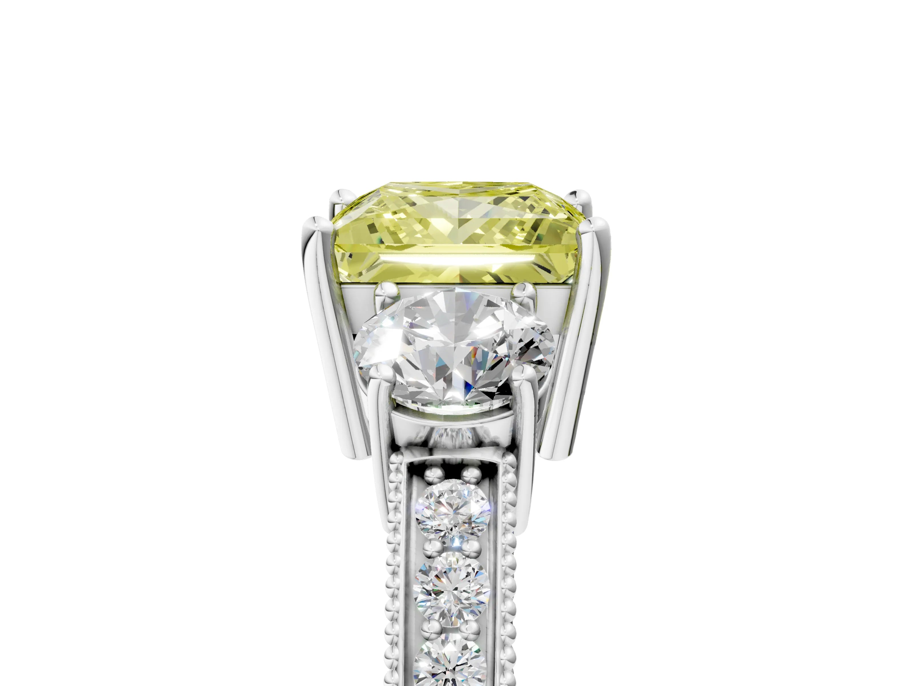 White gold Fancy Yellow Princess Cut Three-Stone Diamond Ring with Pavé Band and Four-Prong Setting_17