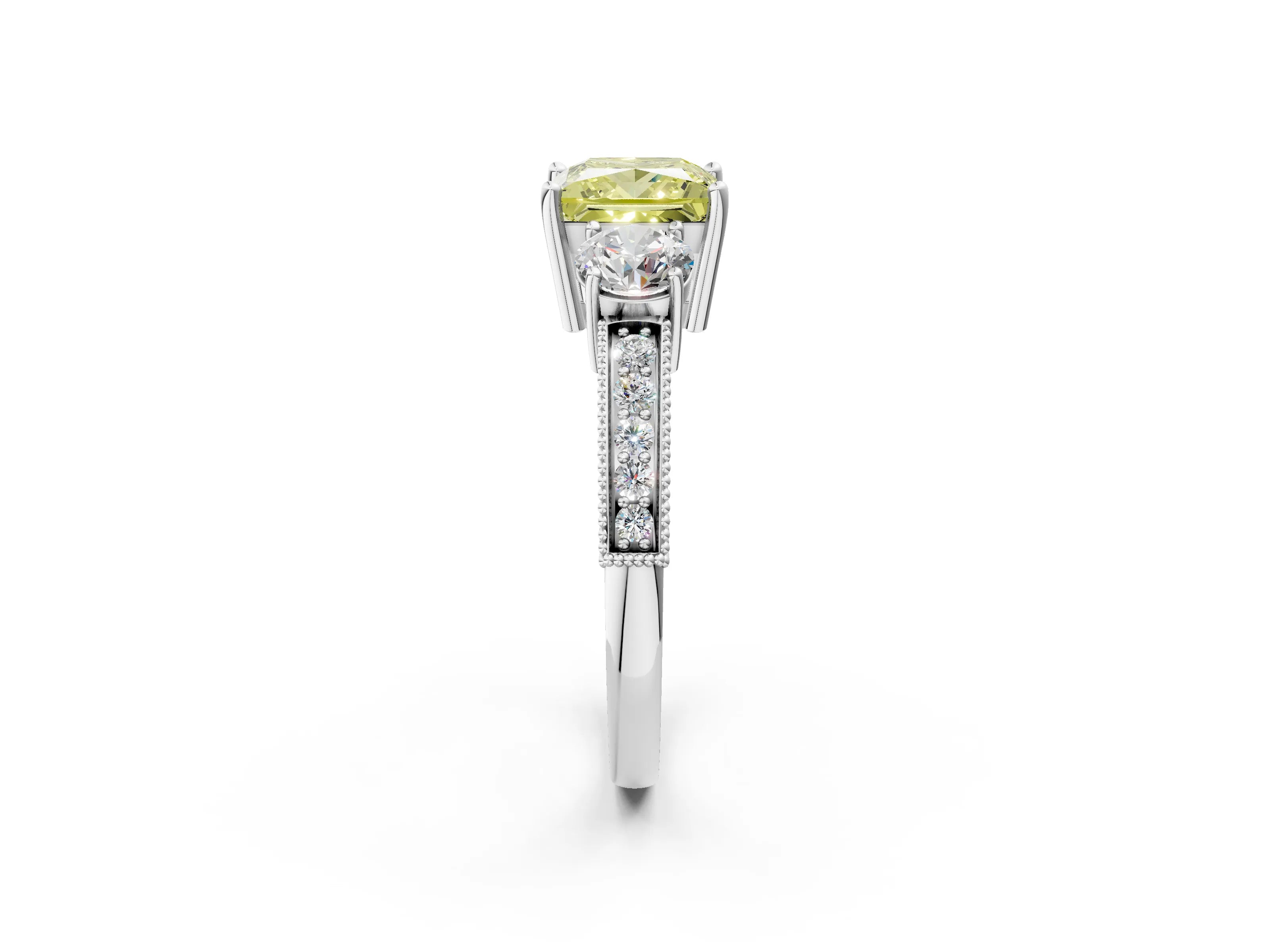 White gold Fancy Yellow Princess Cut Three-Stone Diamond Ring with Pavé Band and Four-Prong Setting_2