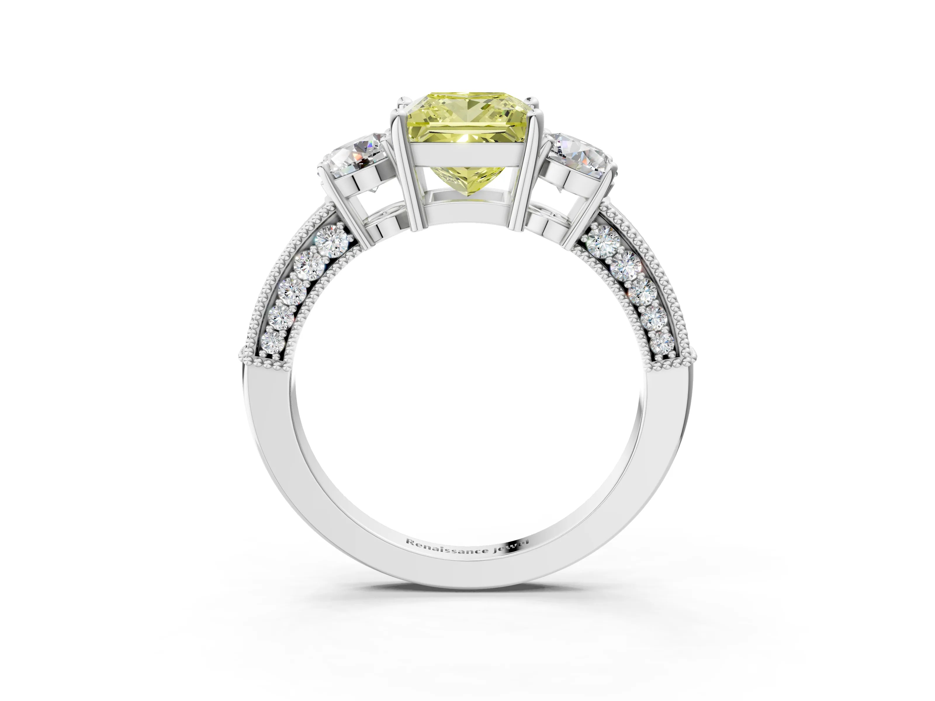 White gold Fancy Yellow Princess Cut Three-Stone Diamond Ring with Pavé Band and Four-Prong Setting_3