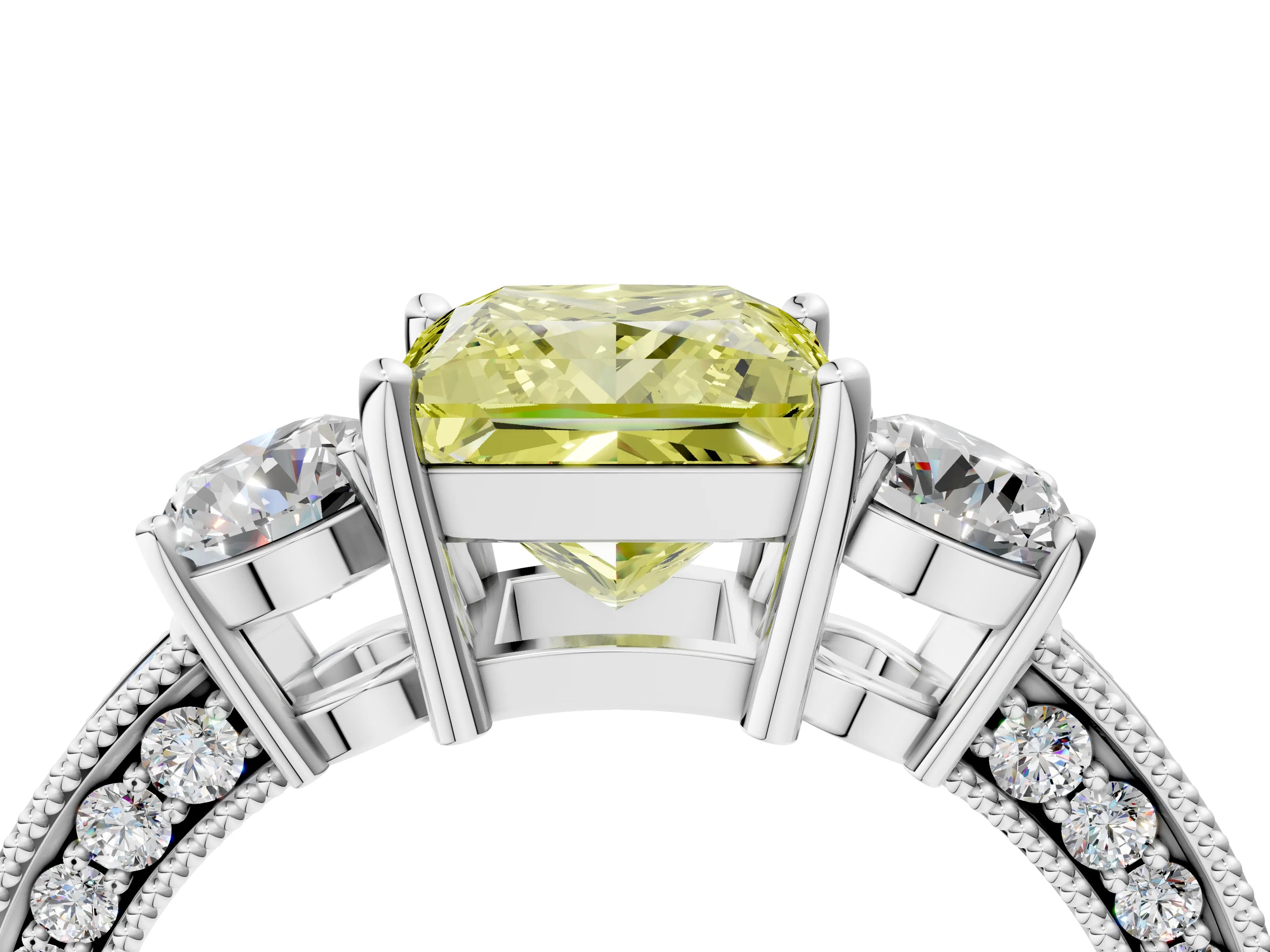 White gold Fancy Yellow Princess Cut Three-Stone Diamond Ring with Pavé Band and Four-Prong Setting_4