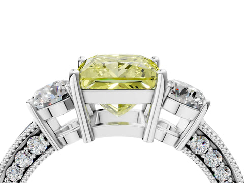 White gold Fancy Yellow Princess Cut Three-Stone Diamond Ring with Pavé Band and Four-Prong Setting_4