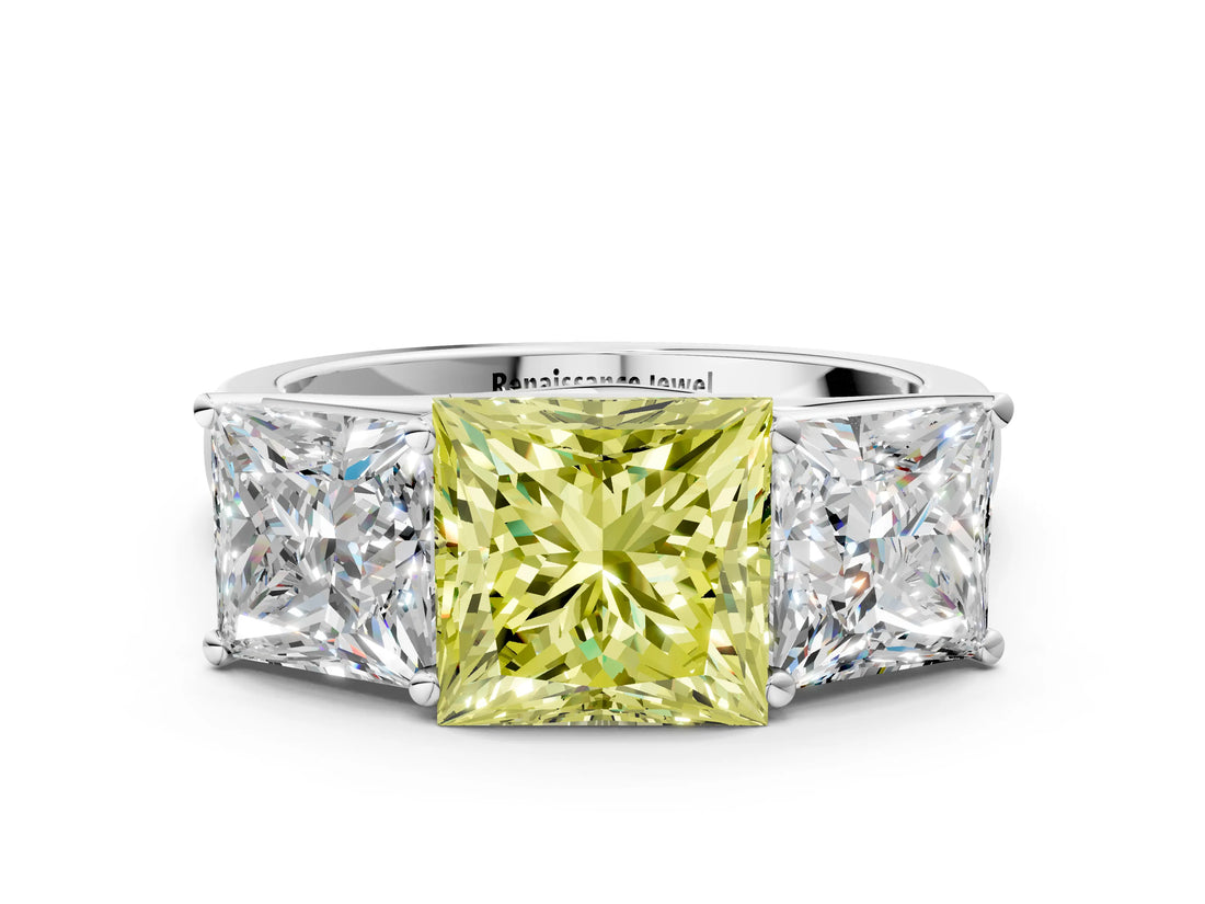 White gold Fancy Yellow Princess Cut Three-Stone Diamond Ring with Prong Setting on a Classic Band_12