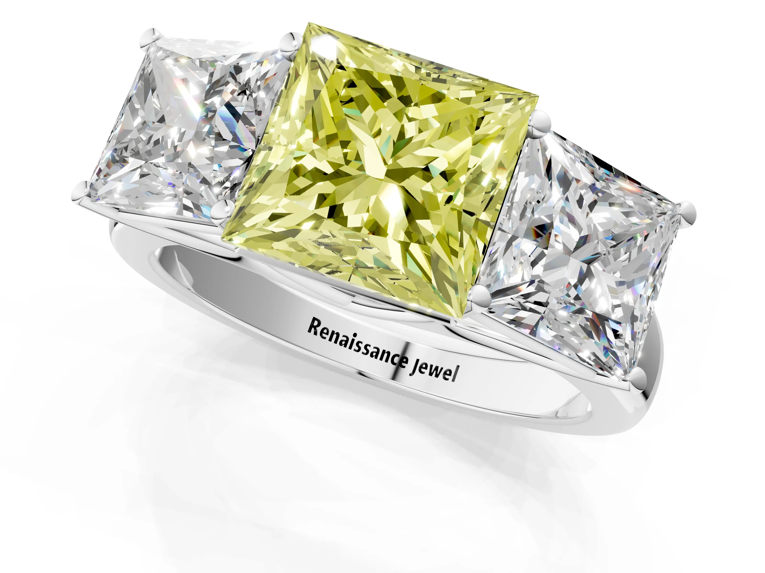 White gold Fancy Yellow Princess Cut Three-Stone Diamond Ring with Prong Setting on a Classic Band_1