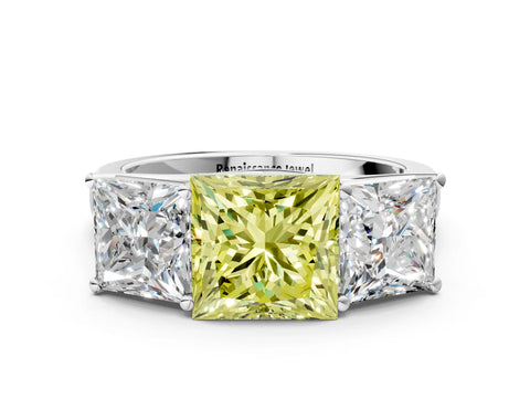 White gold Fancy Yellow Princess Cut Three-Stone Diamond Ring with Prong Setting on a Classic Band