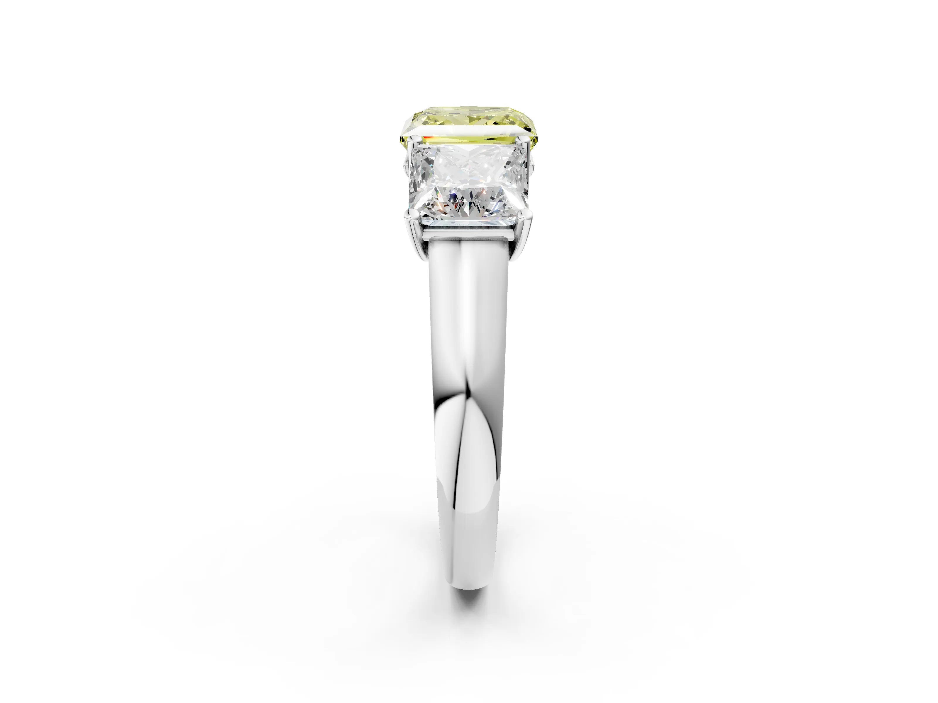 White gold Fancy Yellow Princess Cut Three-Stone Diamond Ring with Prong Setting on a Classic Band_2