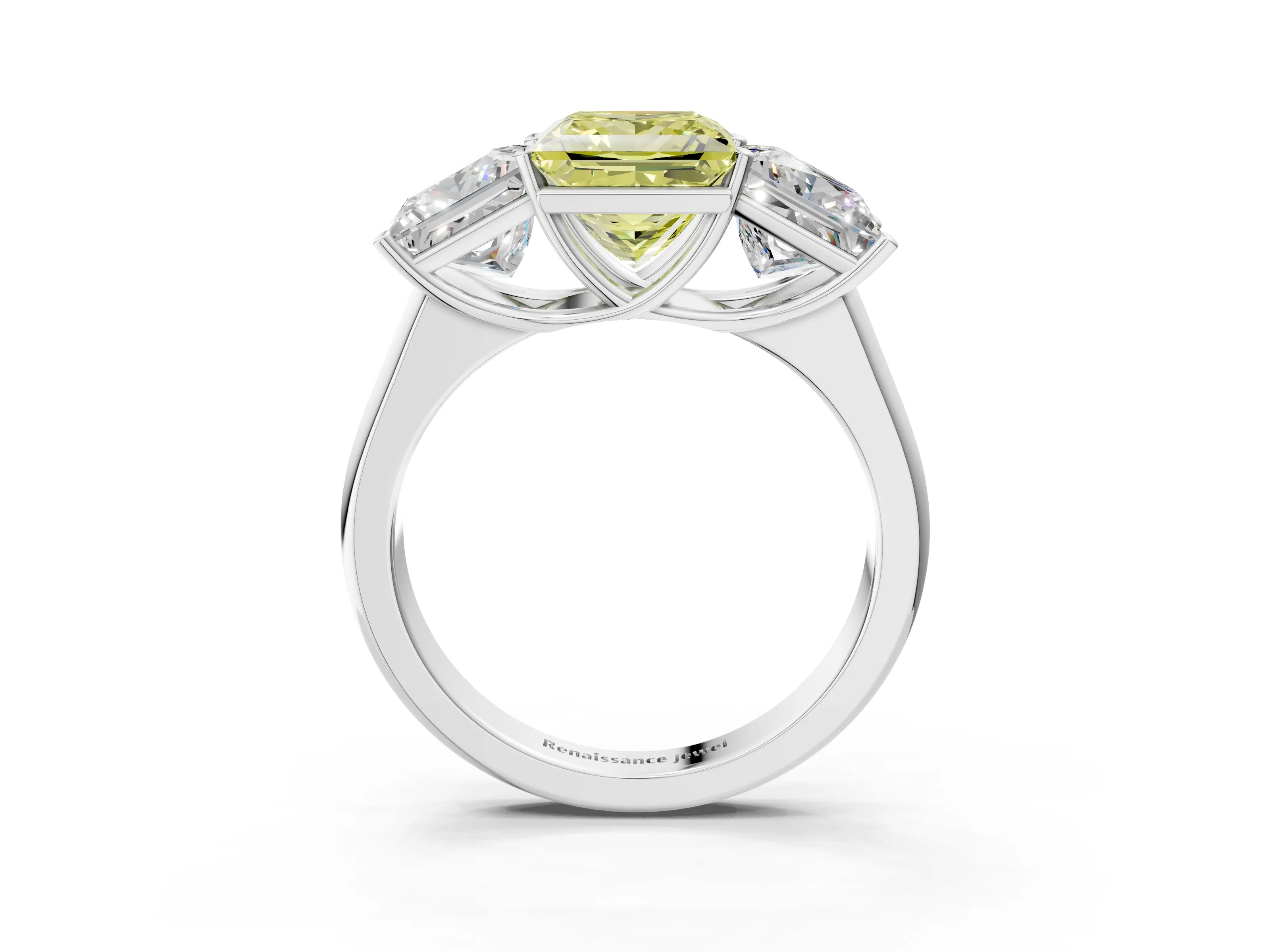 White gold Fancy Yellow Princess Cut Three-Stone Diamond Ring with Prong Setting on a Classic Band_3