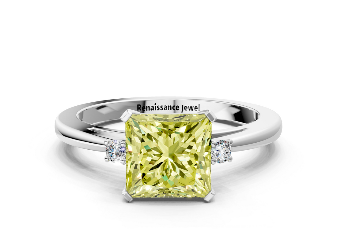 White gold Fancy Yellow Princess  Cut Three-Stone Solitaire Ring with Round Accent Diamonds and Four-Prong Setting