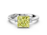 White gold Fancy Yellow Princess  Cut Three-Stone Solitaire Ring with Round Accent Diamonds and Four-Prong Setting