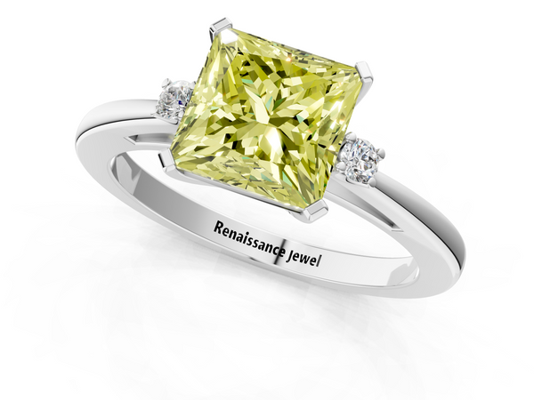 White gold Fancy Yellow Princess  Cut Three-Stone Solitaire Ring with Round Accent Diamonds and Four-Prong Setting