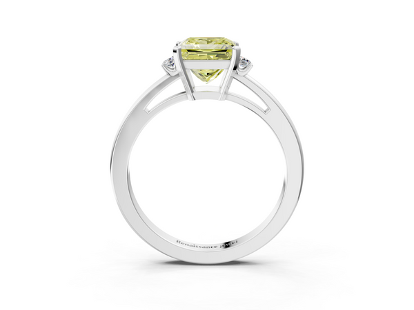 White gold Fancy Yellow Princess  Cut Three-Stone Solitaire Ring with Round Accent Diamonds and Four-Prong Setting