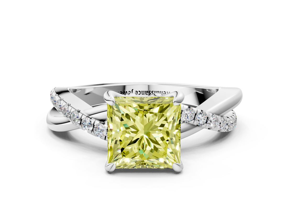 White gold Fancy Yellow Princess  Cut Twist Band Solitaire Diamond Ring with Pavé Setting_3