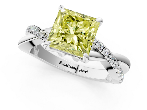Platinum Fancy Yellow Princess  Cut Twist Band Solitaire Diamond Ring with Pavé Setting