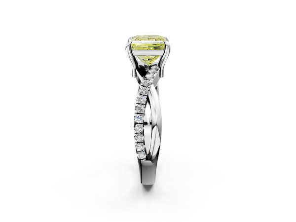 Platinum Fancy Yellow Princess  Cut Twist Band Solitaire Diamond Ring with Pavé Setting