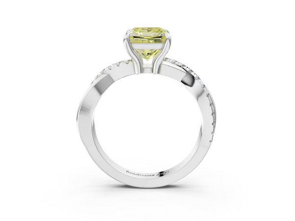 Platinum Fancy Yellow Princess  Cut Twist Band Solitaire Diamond Ring with Pavé Setting