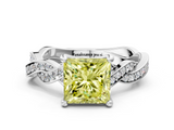 White gold Fancy Yellow Princess  Cut Twisted Pavé Band Solitaire Ring with Four-Prong Setting