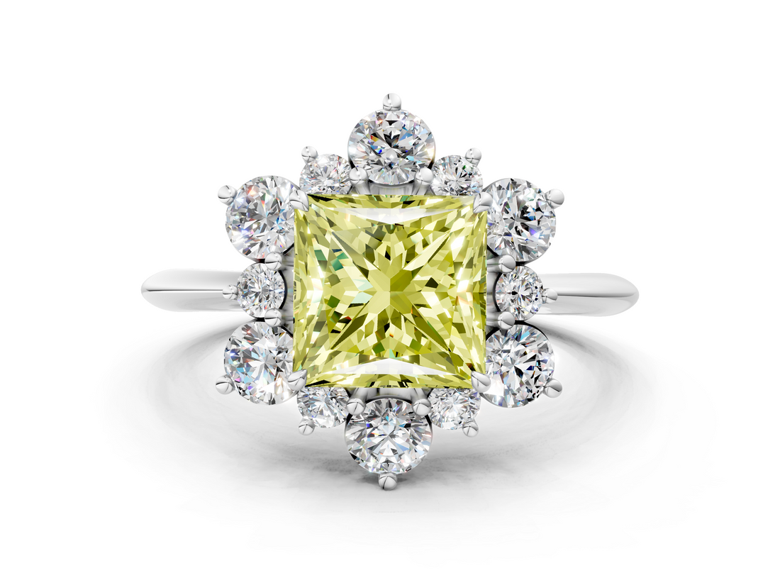 White gold Fancy Yellow Princess  Diamond Cluster Halo Ring with Solitaire Band and Four-Prong Setting