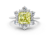 White gold Fancy Yellow Princess  Diamond Cluster Halo Ring with Solitaire Band and Four-Prong Setting