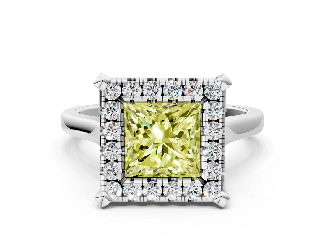 White gold Fancy Yellow Princess  Diamond Cluster Halo Solitaire with Four-Prong Setting_30