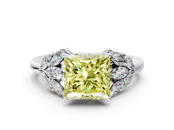 Platinum Fancy Yellow Princess  Diamond Cluster Leaf Design Ring with Prong Setting