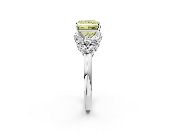 Platinum Fancy Yellow Princess  Diamond Cluster Leaf Design Ring with Prong Setting