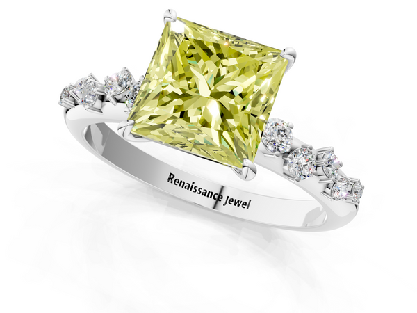 White gold Fancy Yellow Princess  Diamond Cluster Prong-Set Solitaire Ring