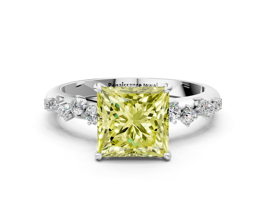 White gold Fancy Yellow Princess  Diamond Cluster Prong-Set Solitaire Ring